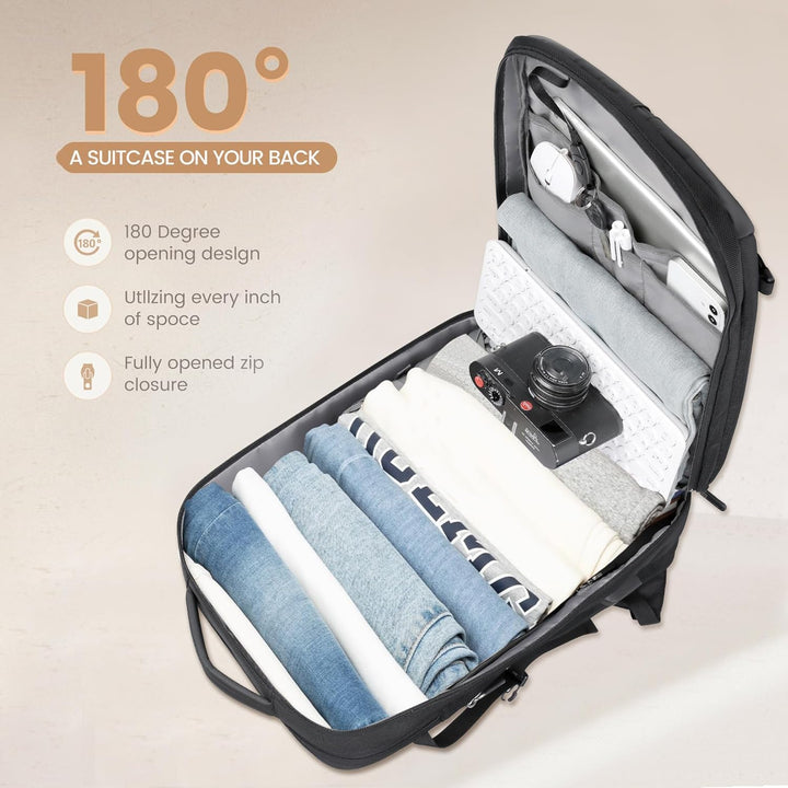 De rugzijde van de AirVoyage 40L rugzak toont comfortabele, ademende schouderbanden en ergonomisch design.