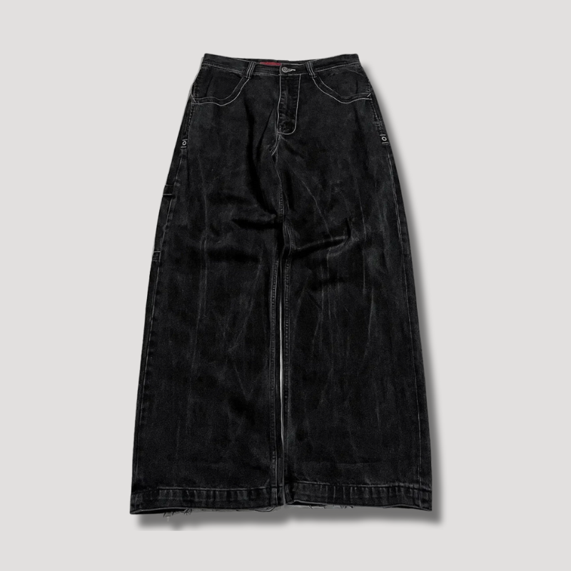 Stijlvolle zwarte baggy dames jeans, hoge taille en relaxte pasvorm voor een retro casual look.