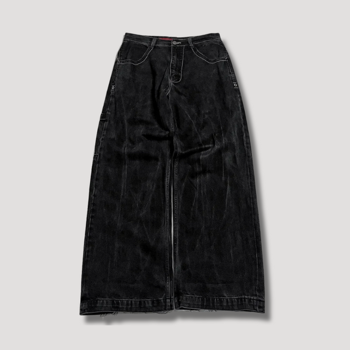 Stijlvolle zwarte baggy dames jeans, hoge taille en relaxte pasvorm voor een retro casual look.