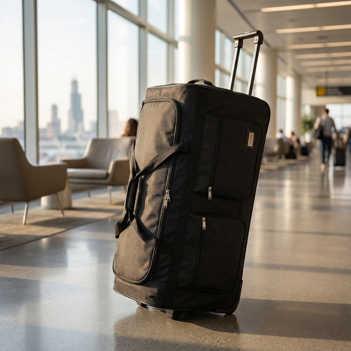 Zwarte CarryMaxx reistas met wielen, gemaakt van duurzame Oxford stof, ideaal voor comfortabel reizen en vakanties.
