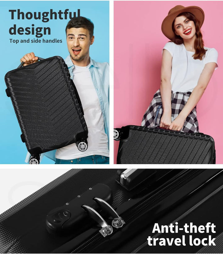Stijlvolle zwarte handbagage koffer, compact en voorzien van soepele spinner wielen voor gemak.