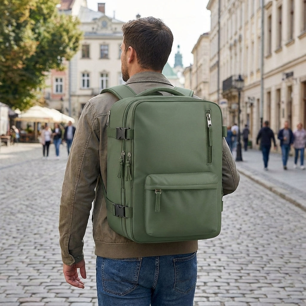 Zwarte compacte unisex cabine rugzak FlightTrek, ideaal als handbagage voor vliegreizen.