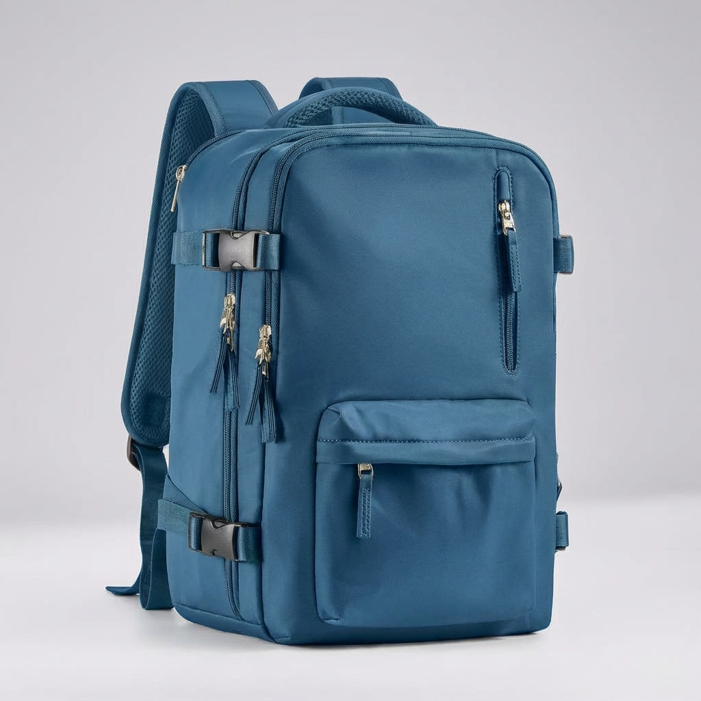 Stijlvolle FlightTrek cabine rugzak past perfect in bagagevak van vliegtuig, compacte handbagage.