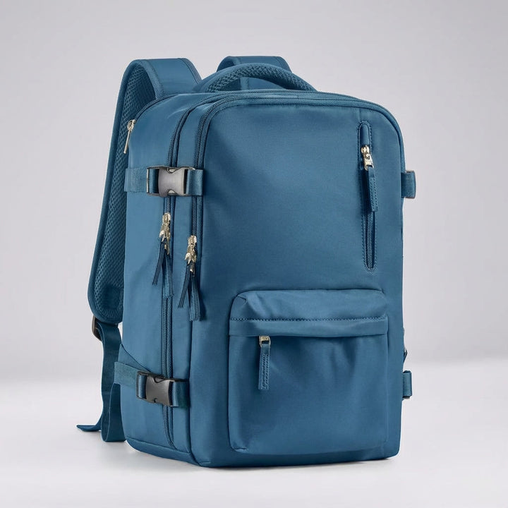 Stijlvolle FlightTrek cabine rugzak past perfect in bagagevak van vliegtuig, compacte handbagage.