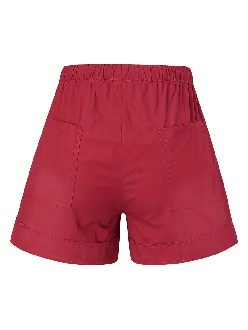 Marineblauwe casual shorts voor dames, elastische band. Veelzijdig en comfortabel voor de zomer.