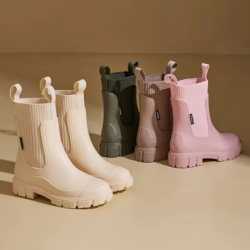 Dames Chelsea boots in diverse kleuren (zwart, beige, roze), met comfortabele elastische inzetten en platte zool.