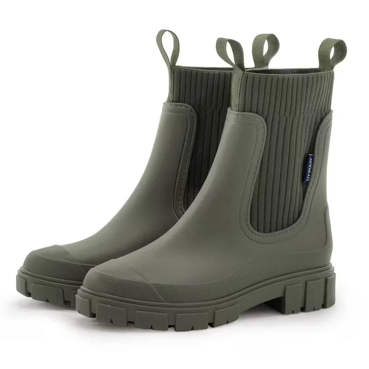 Stijlvolle donkergroene dameslaarzen, type Chelsea boot. Comfortabel voor dagelijks gebruik en streetwear.