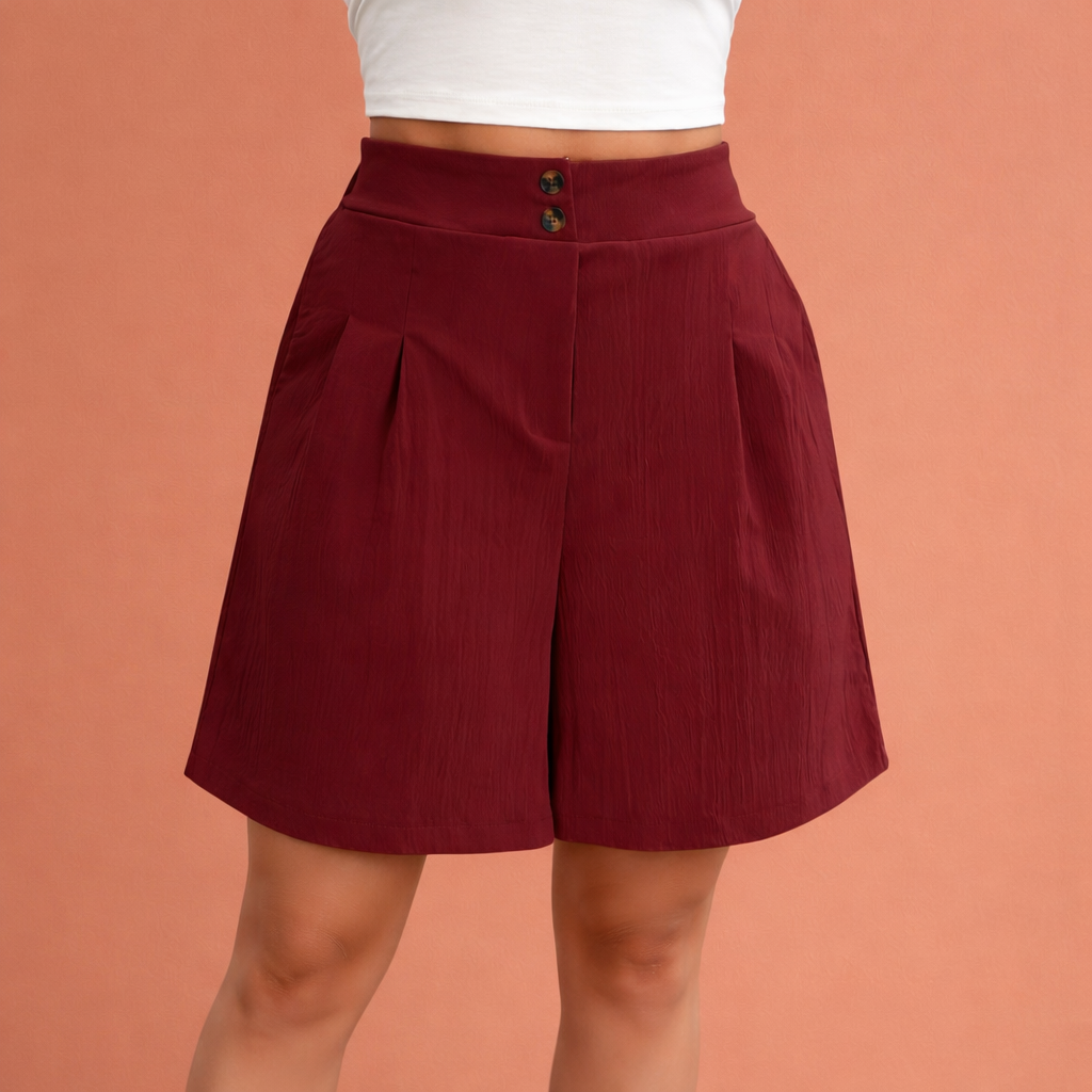 Moderne khaki dames shorts met hoge taille en plooien. Ideale korte broek voor een comfortabele zomer.