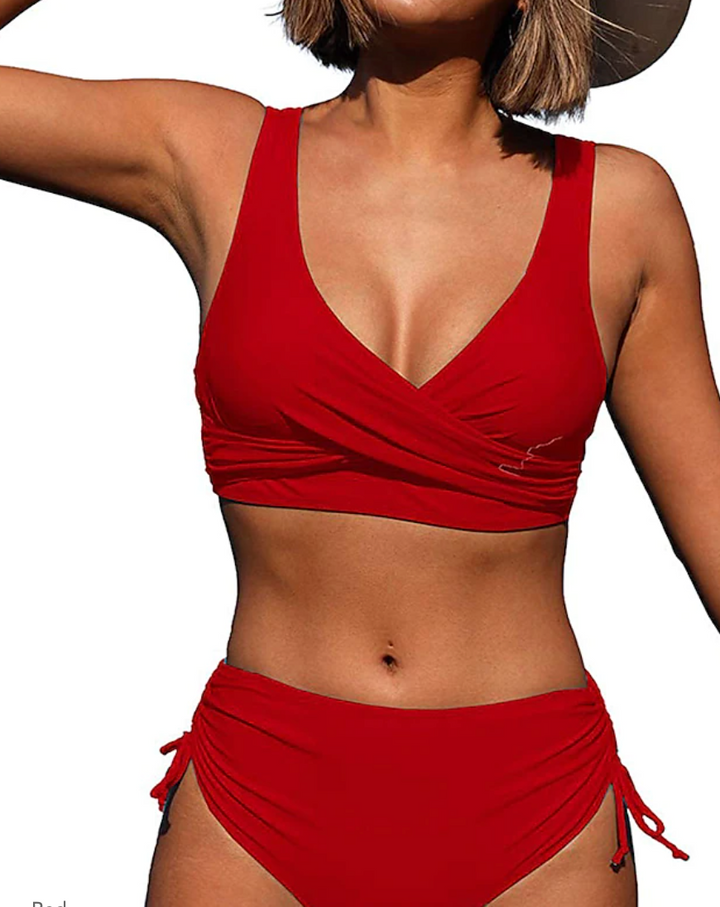 Rode high waist bikini set voor dames, comfortabele zwemkleding met verstelbare schouderbanden.