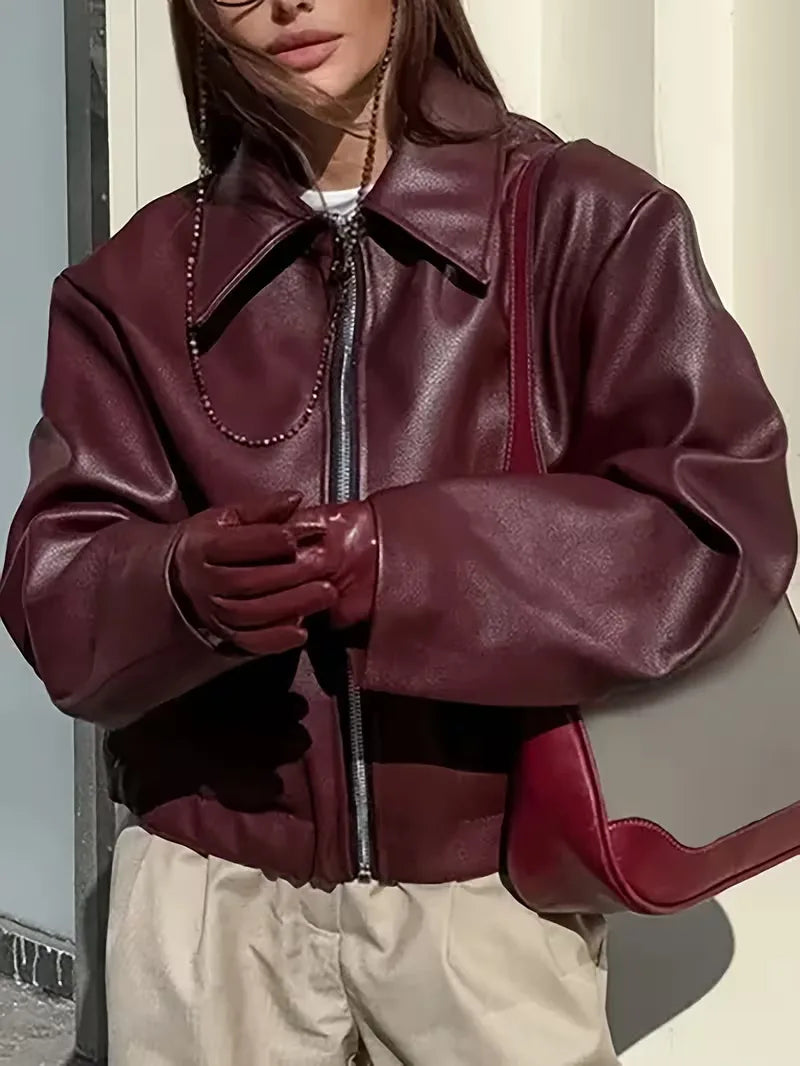 Streetwear dames leren jas in bordeaux met brede kraag en rits, modieus en comfortabel.
