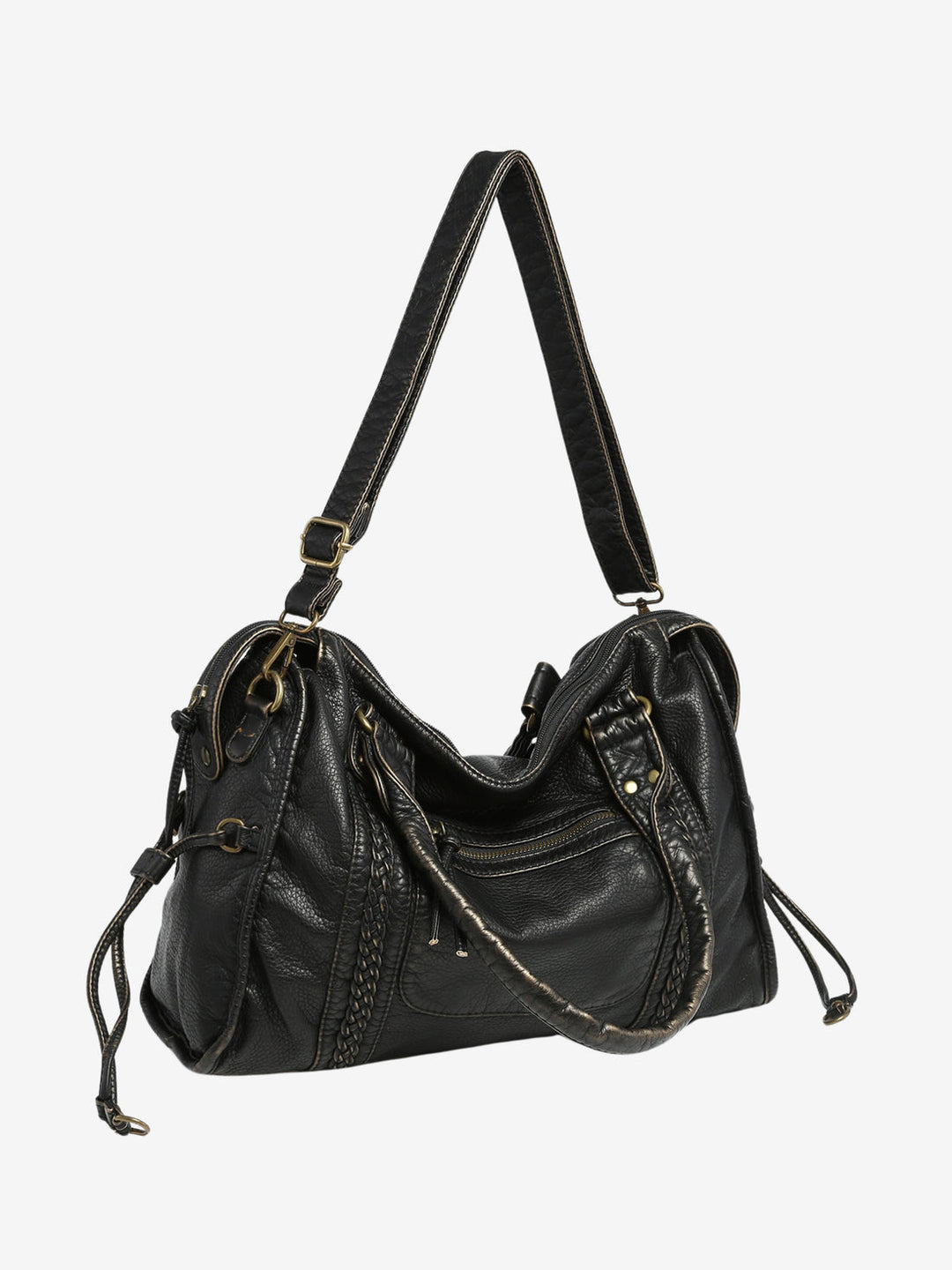 Praktische dames crossbody tas in zwart vegan leer, open voor een kijkje op functionele compartimenten.