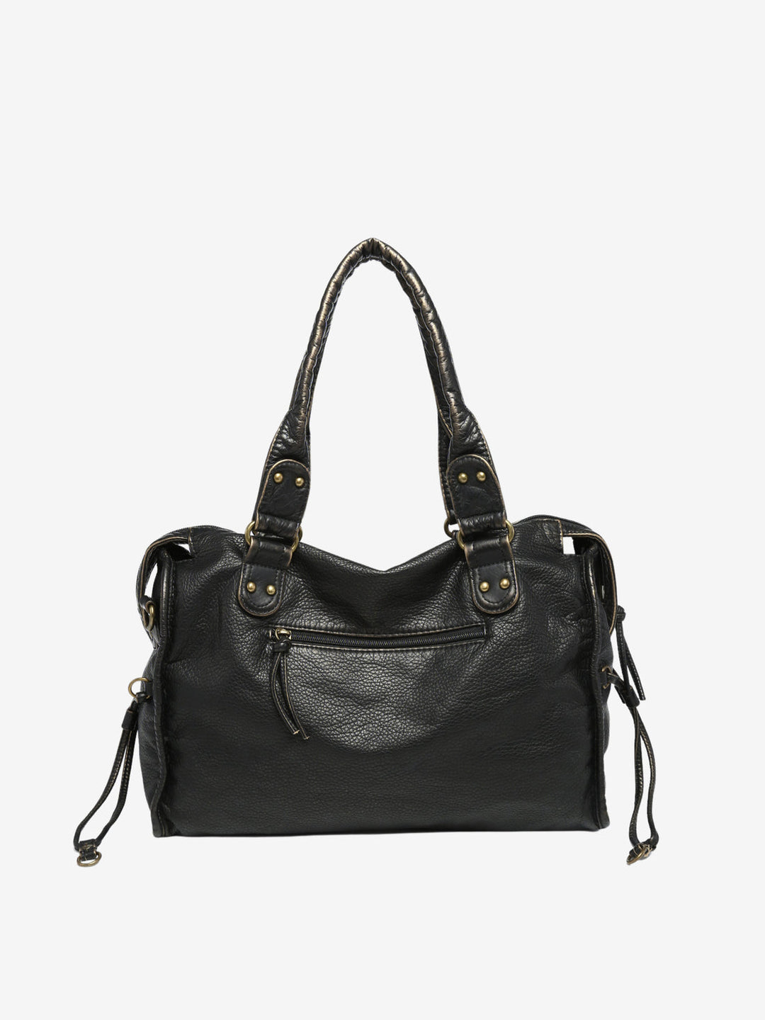 Model draagt de zwarte multifunctionele schoudertas van vegan leer, toont hoe hij valt als crossbody tas.