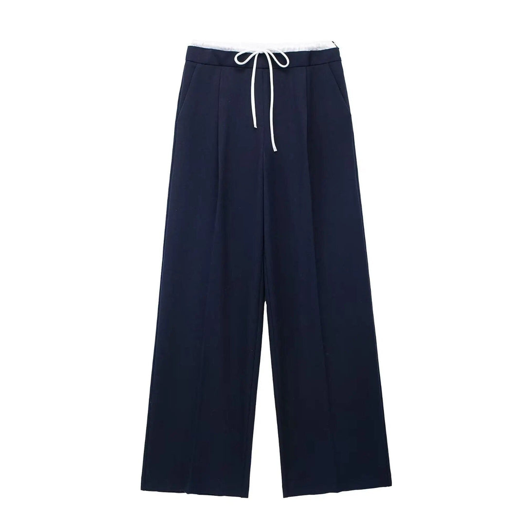 Comfortabele damesbroek met dubbele tailleband, verkrijgbaar in zwart, beige en marineblauw.
