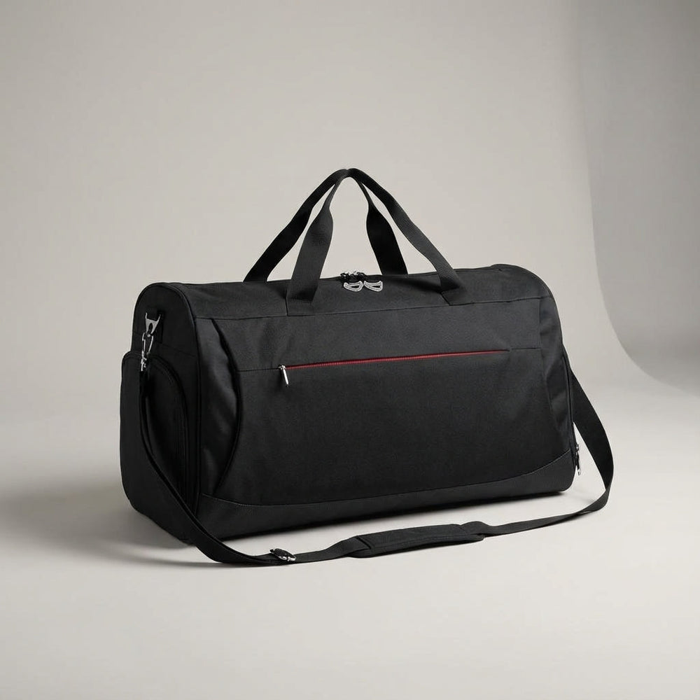 Ruime 45 liter DufflePro reistas/weekendtas, unisex zwart design met apart schoenenvak voor sport.