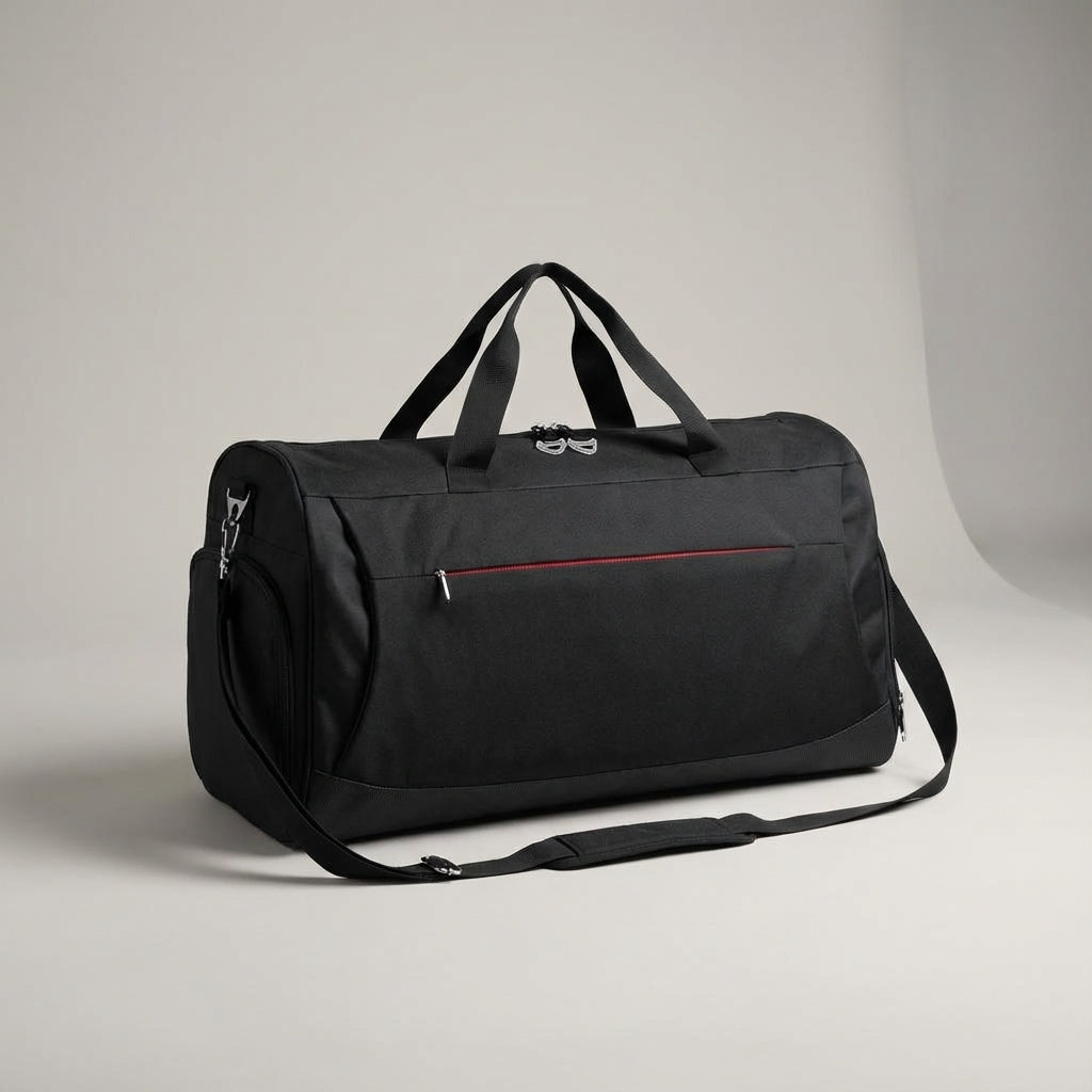 Ruime 45 liter DufflePro reistas/weekendtas, unisex zwart design met apart schoenenvak voor sport.
