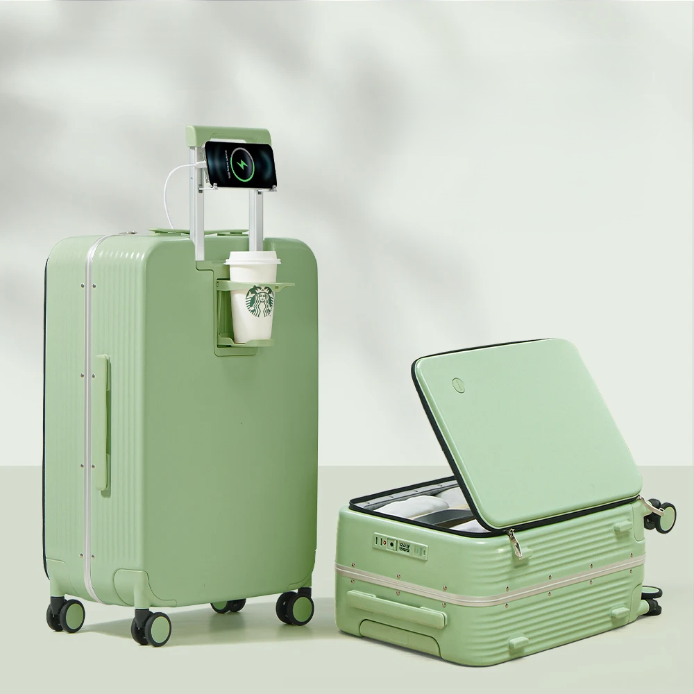 Hardshell handbagage koffer met aluminium frame en USB-poort. Compact en lichtgewicht voor korte reizen.
