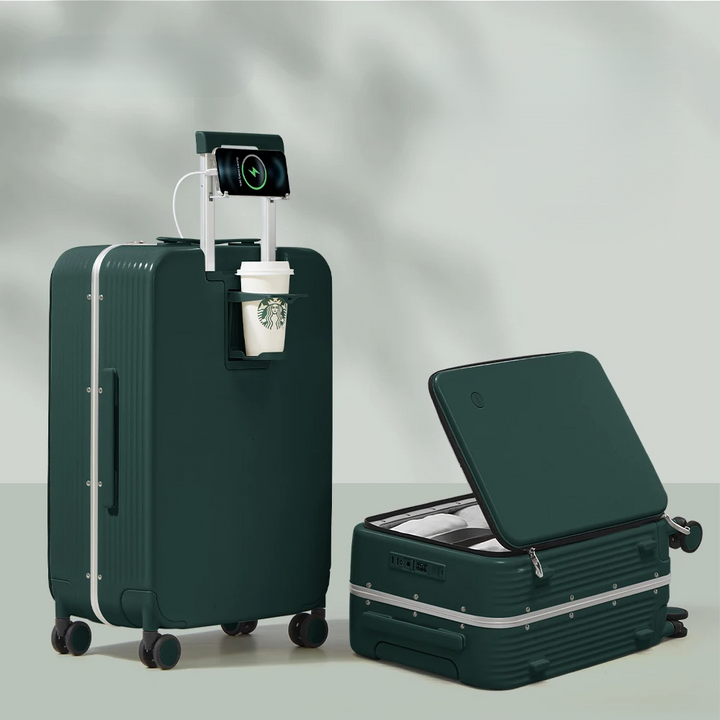 Grote hardshell ruimbagage koffer, aluminium constructie en USB-poort, voor lange reizen en vakanties.