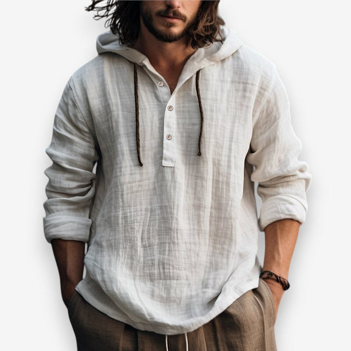 Zwarte heren hoodie met capuchon en stijlvolle knoopsluiting, casual en comfortabel.
