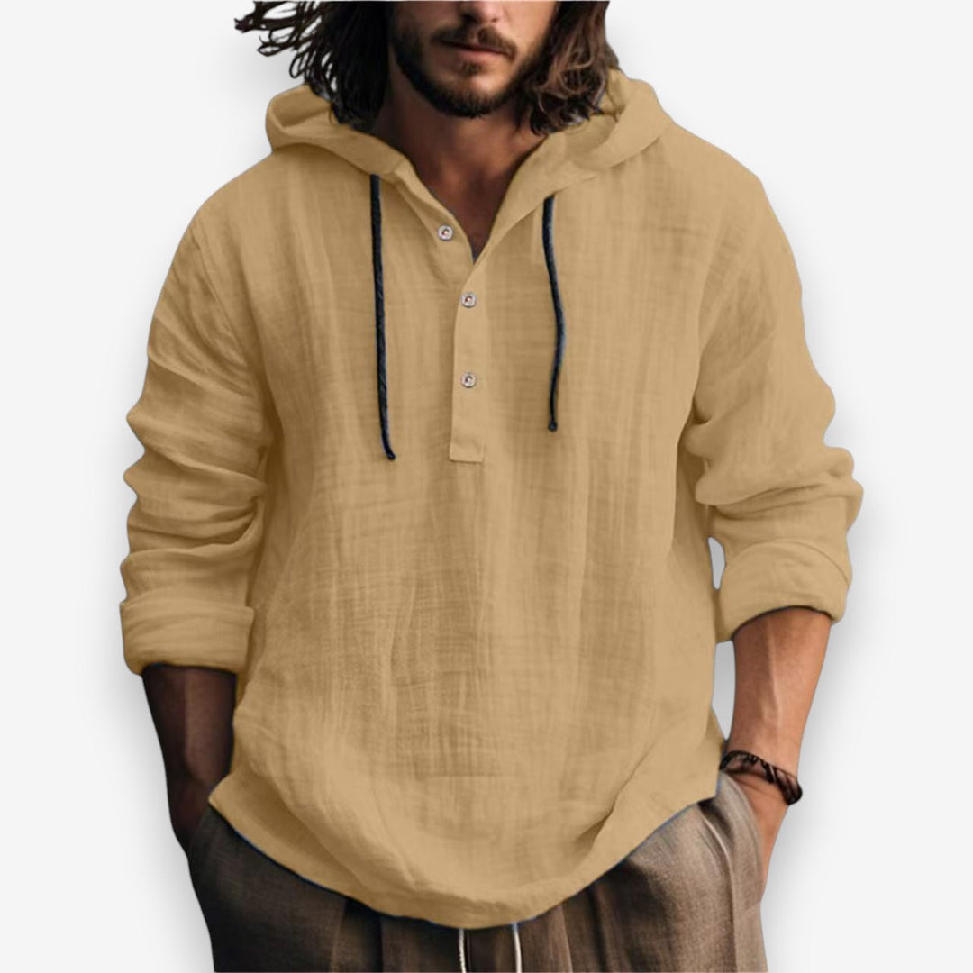 Heren hoodie, veelzijdig en comfortabel, met capuchon en unieke knoopsluiting. Geschikt voor elk seizoen.