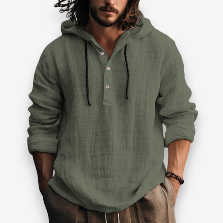 Comfortabele heren hoodie, ideaal voor herfst of lente, met praktische knoopsluiting.