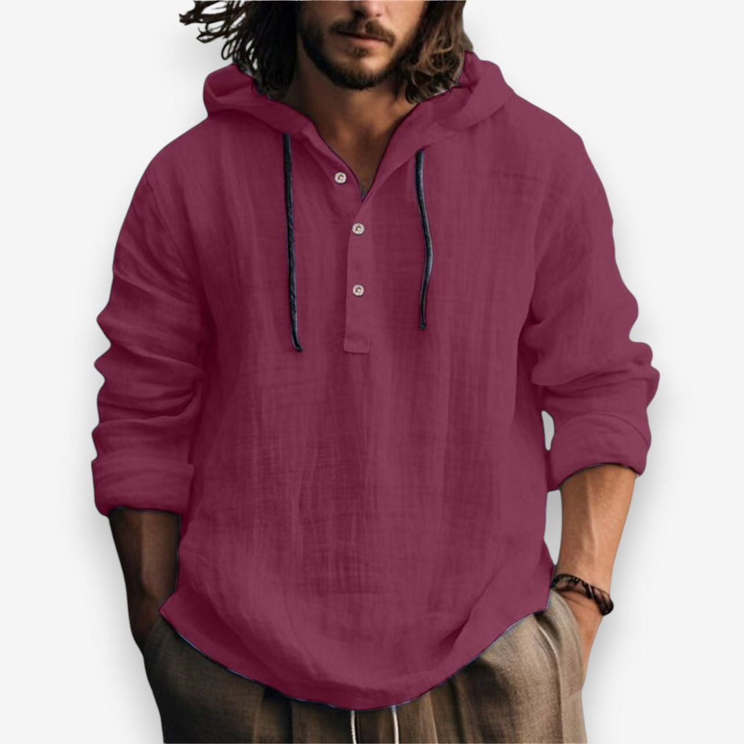 Casual capuchontrui voor heren, marineblauw, met knoopsluiting en relaxte pasvorm. Geschikt voor lente.