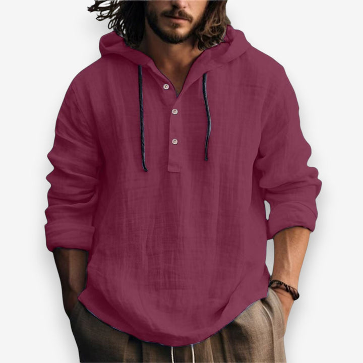 Casual capuchontrui voor heren, marineblauw, met knoopsluiting en relaxte pasvorm. Geschikt voor lente.