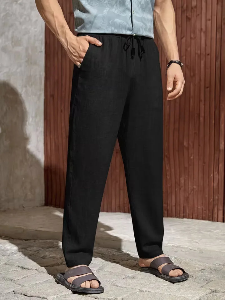 Comfortabele beige heren pantalon, straight leg, trekkoord, ademend voor zomer.
