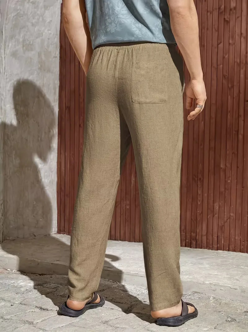 Beige casual heren pantalon, trekkoord, straight leg, ademend en comfortabel voor de zomer.