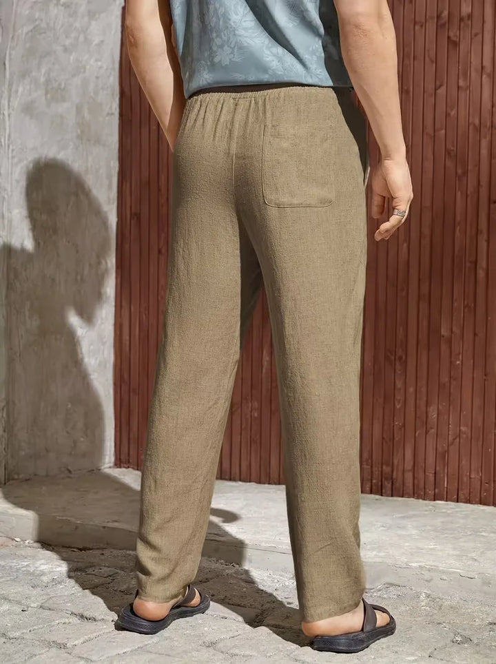 Beige casual heren pantalon, trekkoord, straight leg, ademend en comfortabel voor de zomer.