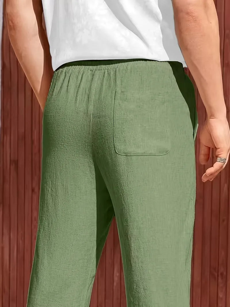 Zwarte casual heren pantalon, rechte pijp, trekkoord, ademend en comfortabel.