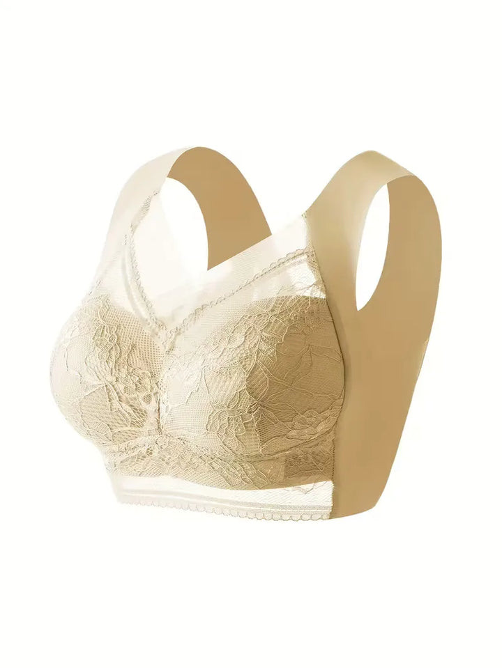 Naadloze dames comfort bh met kanten V-hals, perfect voor loungewear.