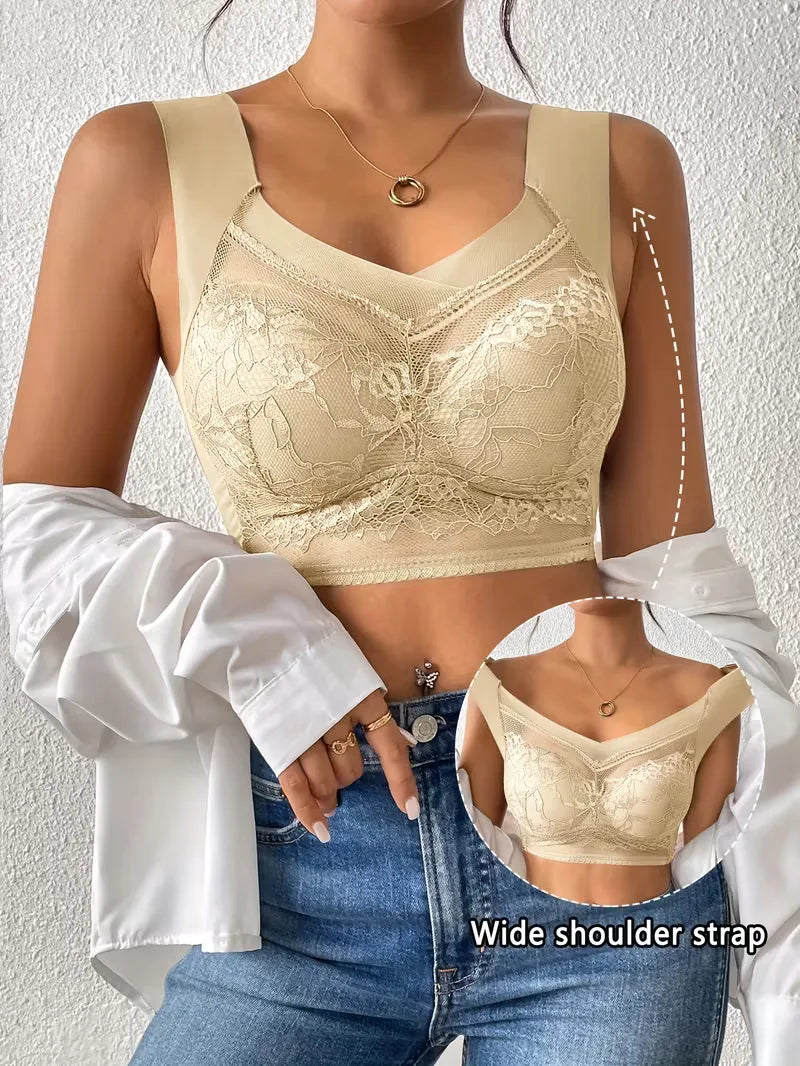 Loungewear kanten V-hals beha, comfortabel met brede bandjes en naadloze look.