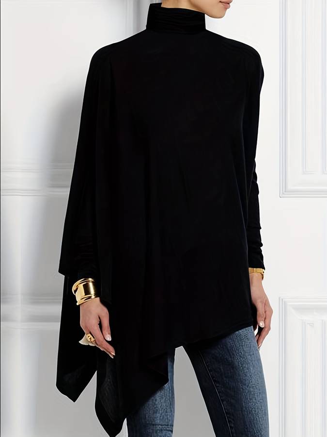 Zwarte lange gebreide dames coltrui, comfortabel en elegant voor winter en herfst.