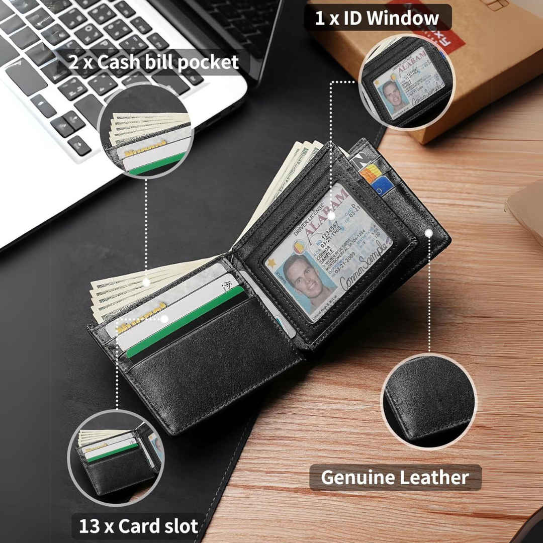 Zwarte leren heren bifold RFID portemonnee, veilig en stijlvol design.