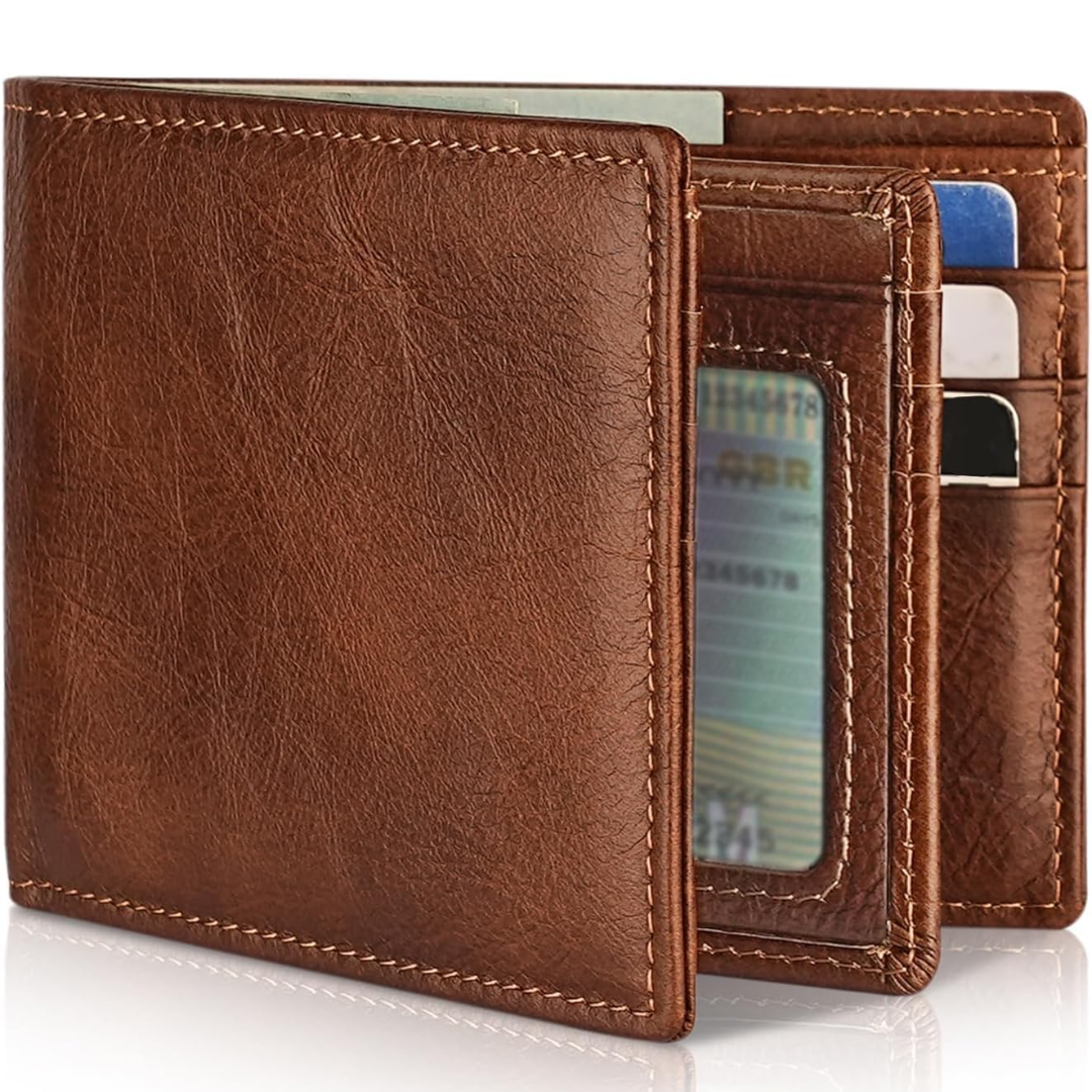 Stijlvolle heren bifold portemonnee van leer met RFID blokkering in een slank ontwerp.