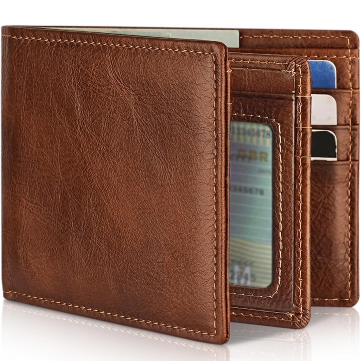 Stijlvolle heren bifold portemonnee van leer met RFID blokkering in een slank ontwerp.
