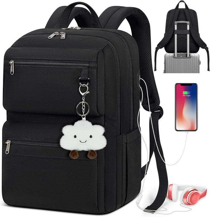 Zwarte lichtgewicht 15.6" laptoprugzak voor reizen en school, met USB-poort en veel opbergvakken.