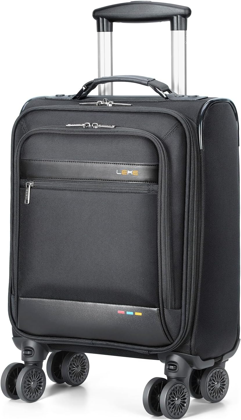 Zwarte lichtgewicht handbagage koffer met soepele wielen, perfect voor vliegreizen. Compact en duurzaam reisbagage.