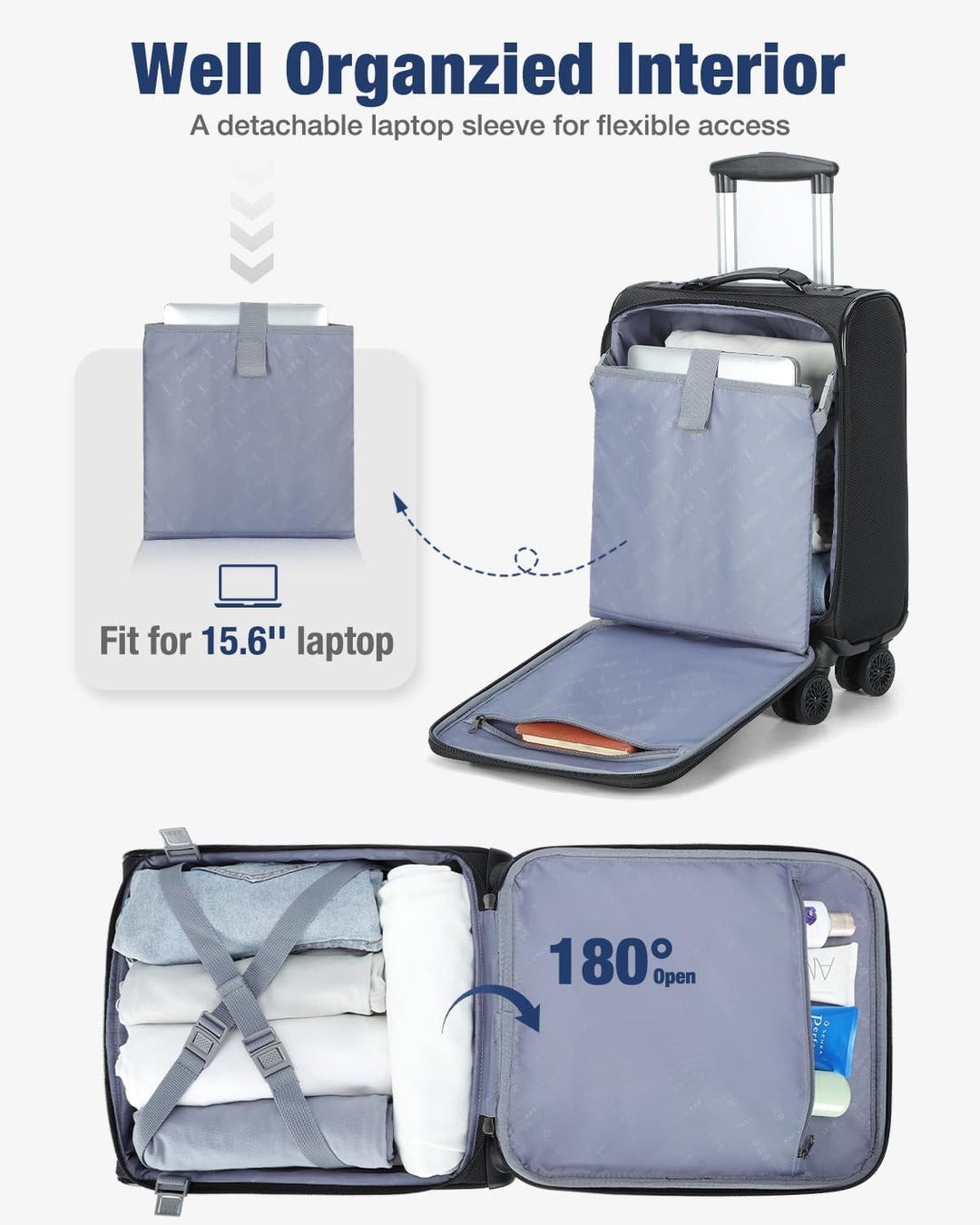 Lichtgewicht zwarte reisbagage koffer met wielen, goedgekeurd als handbagage voor vluchten. Gemakkelijk uitbreidbaar.