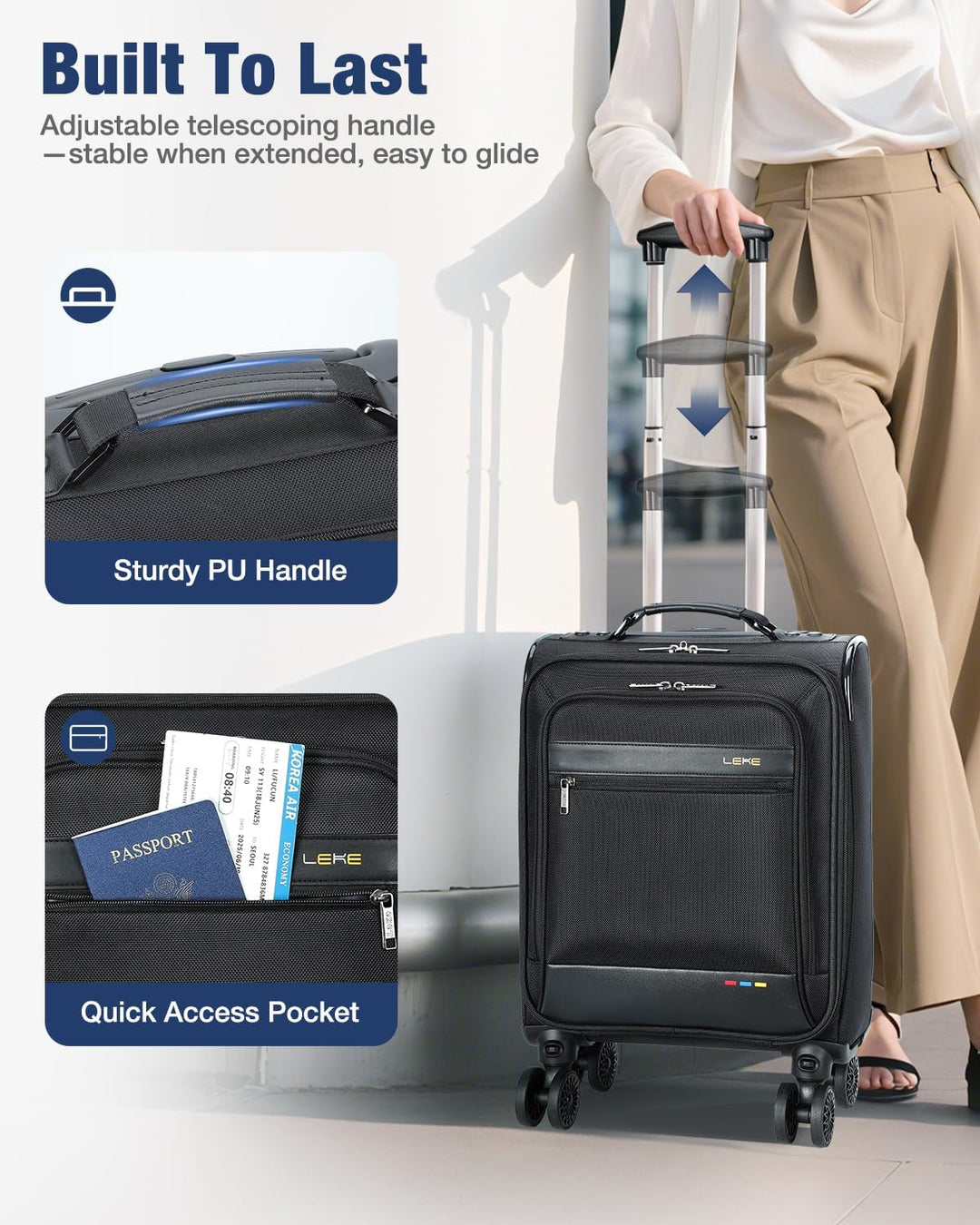 Duurzame softside handbagage koffer, zwart en lichtgewicht. Met wielen voor soepel transport op reis. Compact.