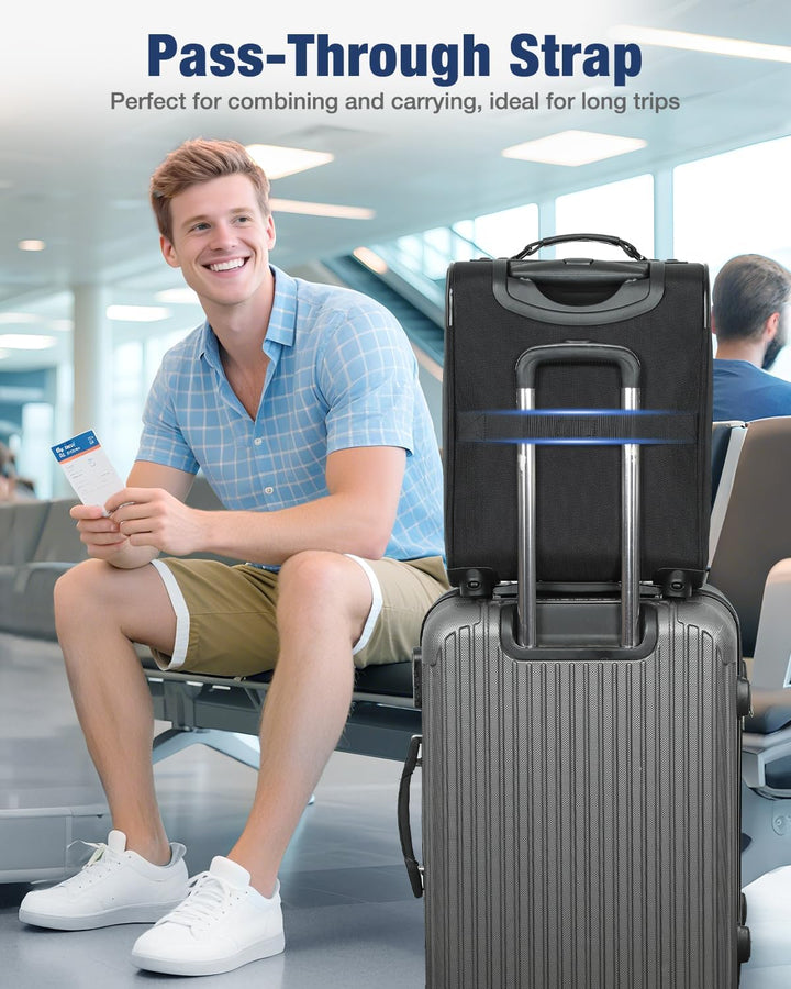 Handige zwarte koffer met wielen, uitbreidbaar en lichtgewicht. Ideaal voor vliegtuigreizen als goedgekeurde handbagage.