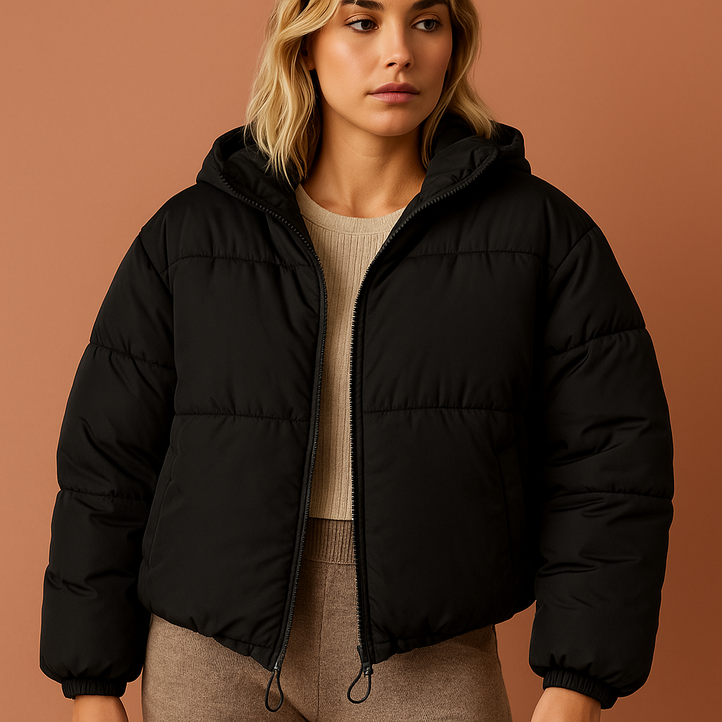 Zwarte oversized gewatteerde dames winterjas, warm en stijlvol, ideaal voor herfst en winter, comfortabele buitenkleding.