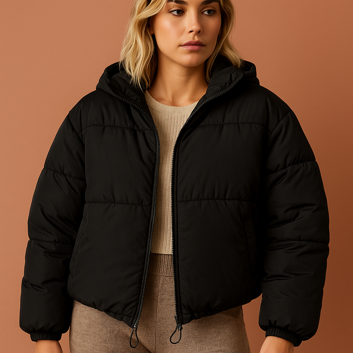 Zwarte oversized gewatteerde dames winterjas, warm en stijlvol, ideaal voor herfst en winter, comfortabele buitenkleding.