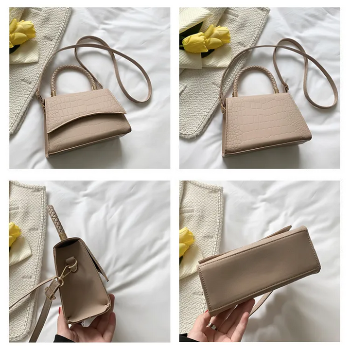 Dames handtas in khaki PU leer, gedragen als trendy crossbodytas. Stijlvol accessoire met bovenhandvat.