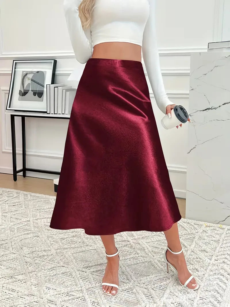 Paarse satijnen rok, elegante midi lengte, hoge taille, voor formele gelegenheden.