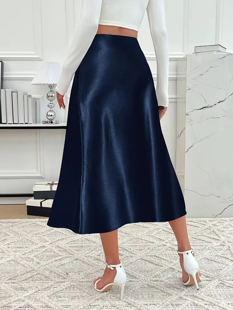 Zwarte satijnen flared midi rok, hoge taille, dames elegante avondkleding.
