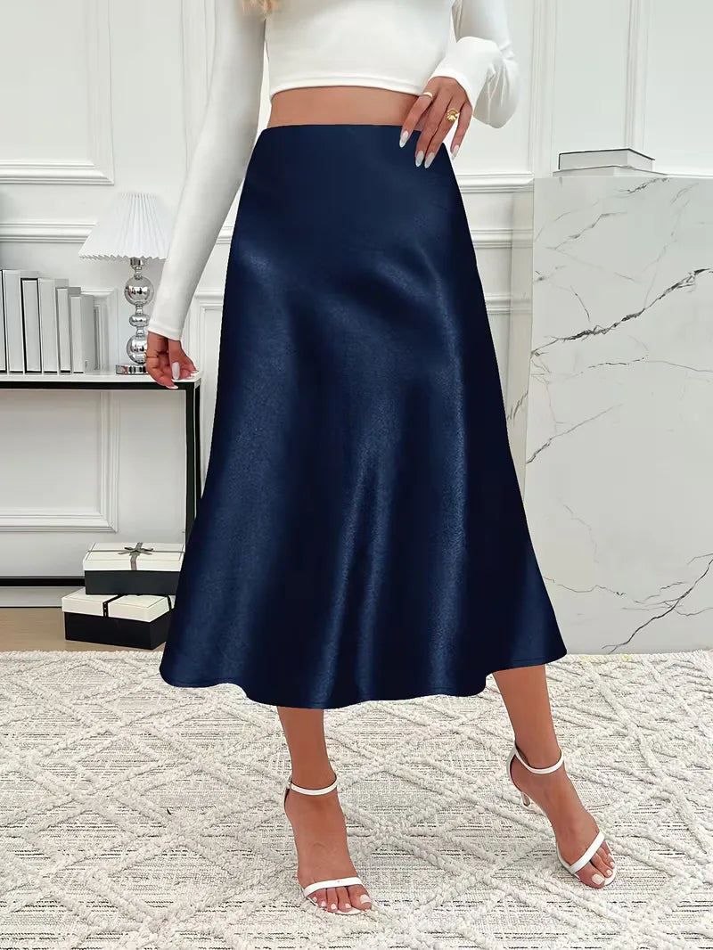 Bordeauxrode satijnen rok, midi lengte, hoge taille, perfect voor diners.