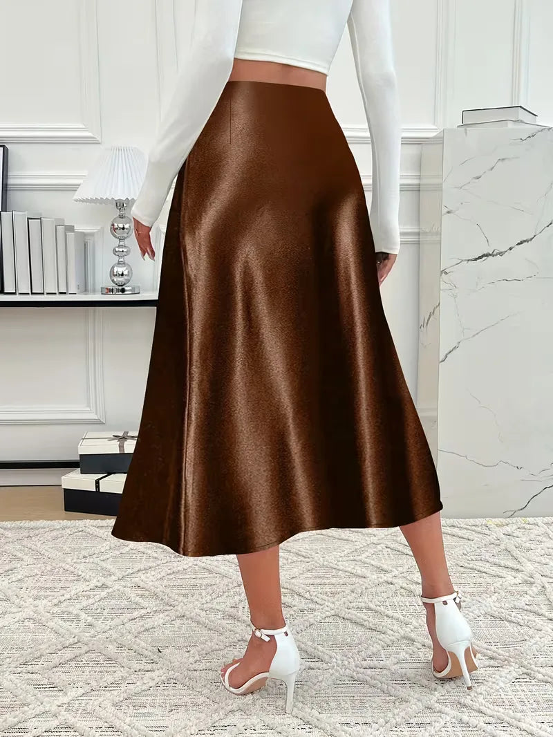 Klassieke zwarte satijnen midi rok, hoge taille, dames elegante zakelijke kleding.