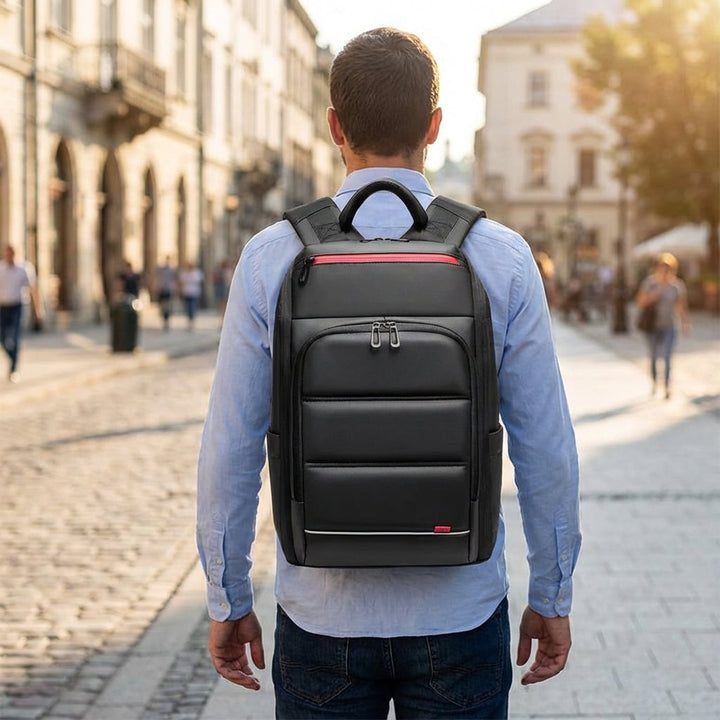 Zwarte SecureVoy anti-diefstal laptoprugzak met USB-poort en waterbestendig design, ideaal voor veilig reizen.