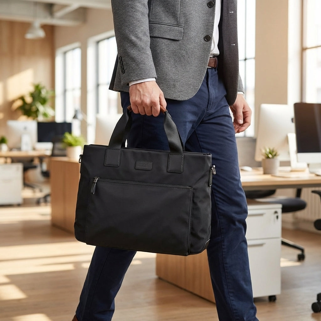 Zwarte ShieldBag laptoptas voor unisex gebruik; duurzame Oxford stof, biedt optimale bescherming en organisatie voor kantoor/reizen.